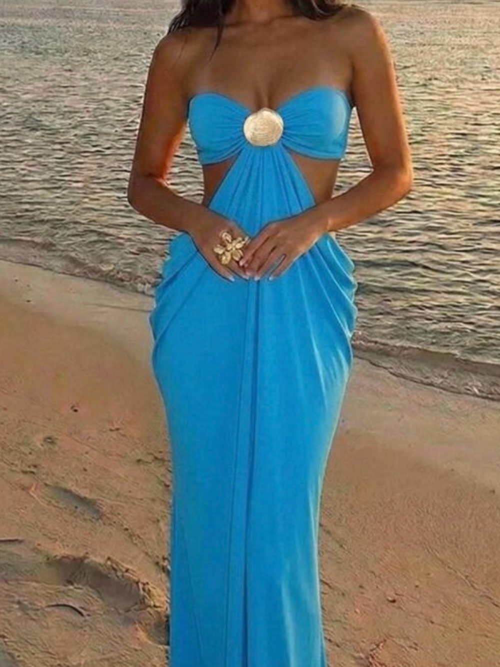 Turquoise Strapless Cutout Maxi Dress with Gold Accent